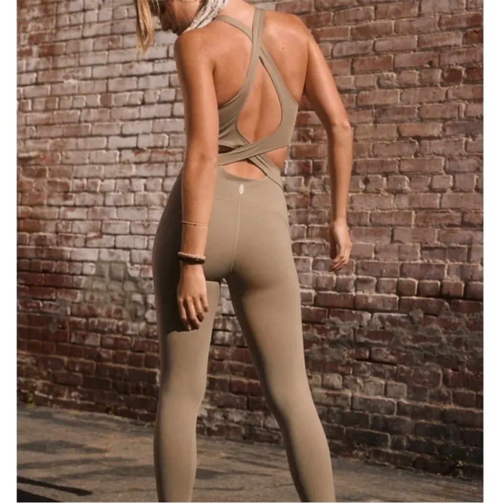 Free People FP movement Back It Up Sage Onesie Jumpsuit Size extra small tan
